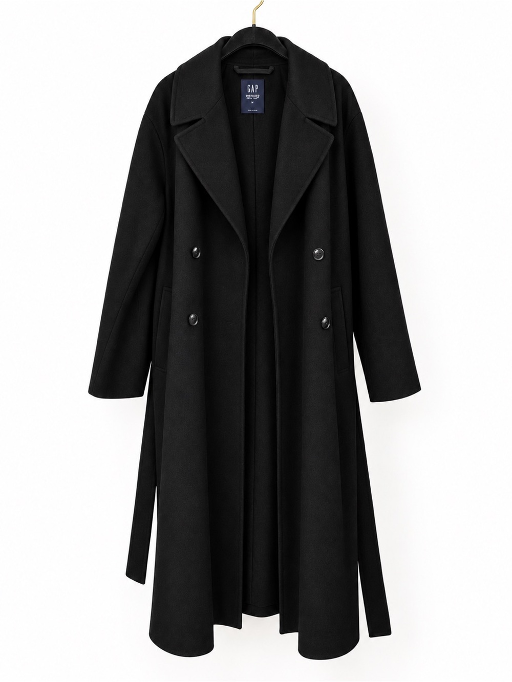 GAP Oversized Wool Coat M Black Double Face Belted Long Double Breasted Winter - Picture 3 of 9